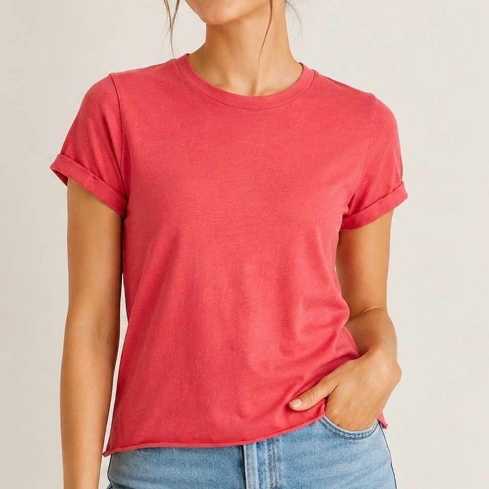 Wild Fable‎ Coral Pink Rolled Sleeve Crewneck Tee XS 100% Cotton NWT Casual